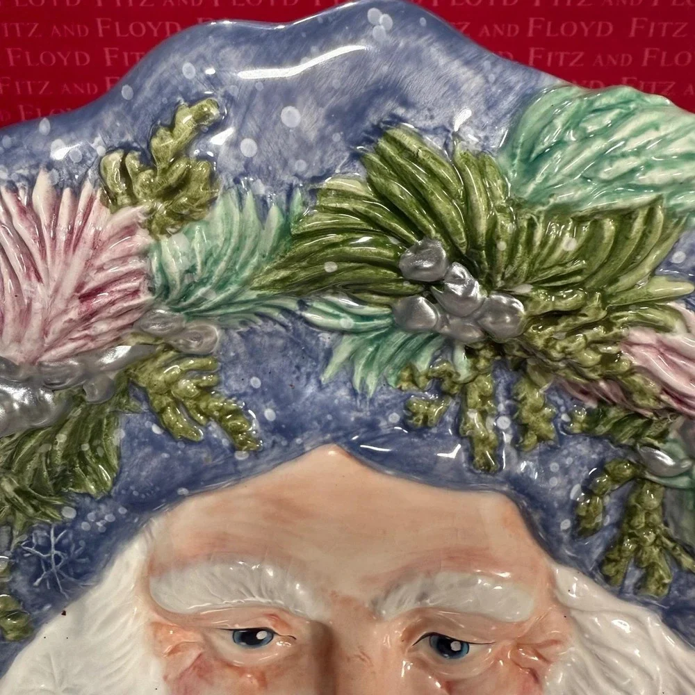 Fitz and Floyd Classics Crystal Winter Santa Claus Face‎ Platter Hand Crafted